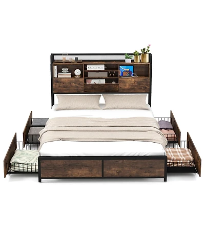 Gymax Queen Size Bed Frame w/ Bookcase Headboard & 4 Storage Drawers Vintage Brown