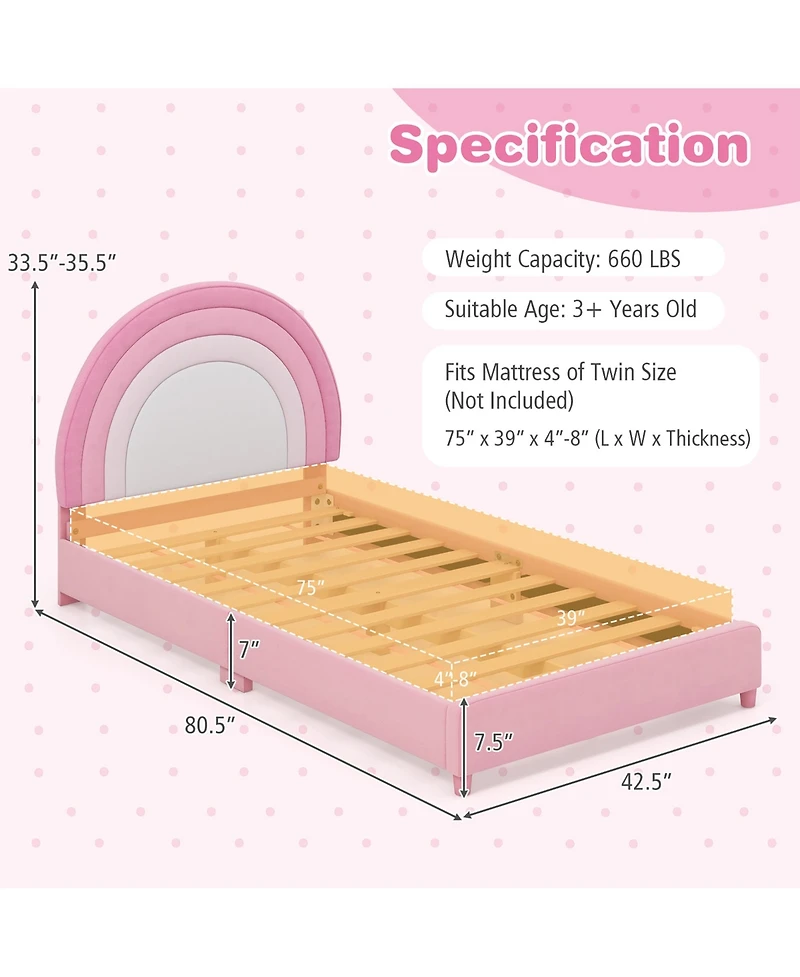 Gymax Kids Twin Platform Bed Frame Upholstered w/ Wooden Slats Support Blue