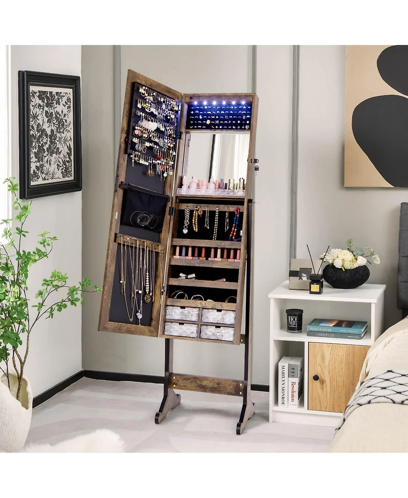 Costway Jewelry Cabinet Armoire Full Length Frameless Mirror Lockable with Lights