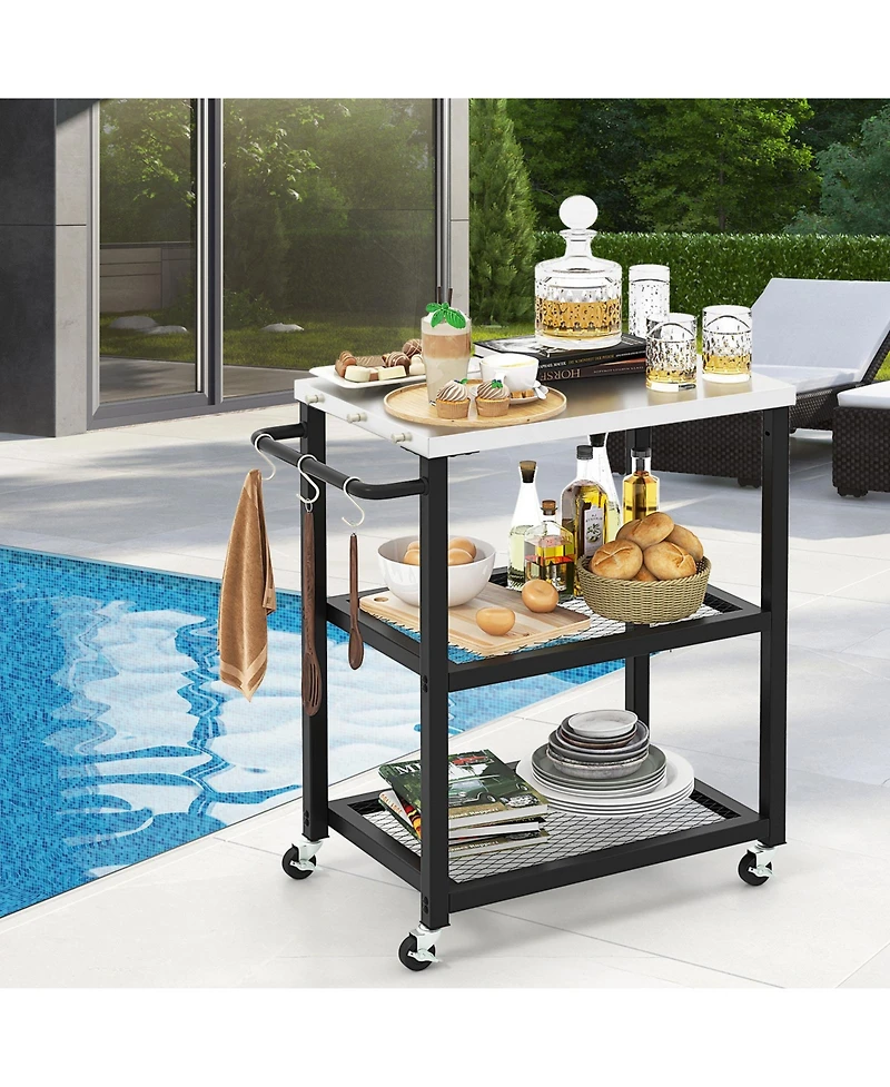 Sugift 3-Tier Foldable Outdoor Stainless Steel Food Prepare Dining Cart Table on Wheels