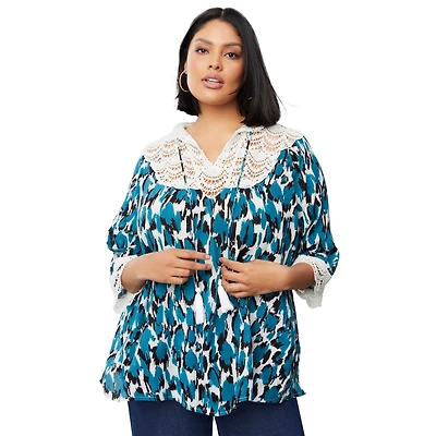 June + Vie Plus Lace-Trim Crinkle Blouse