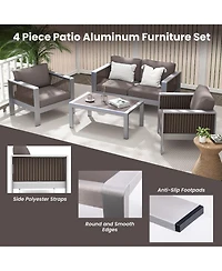 Costway 4 Pcs Aluminum Patio Furniture Set with Thick Cushions & Tempered Glass Tabletop