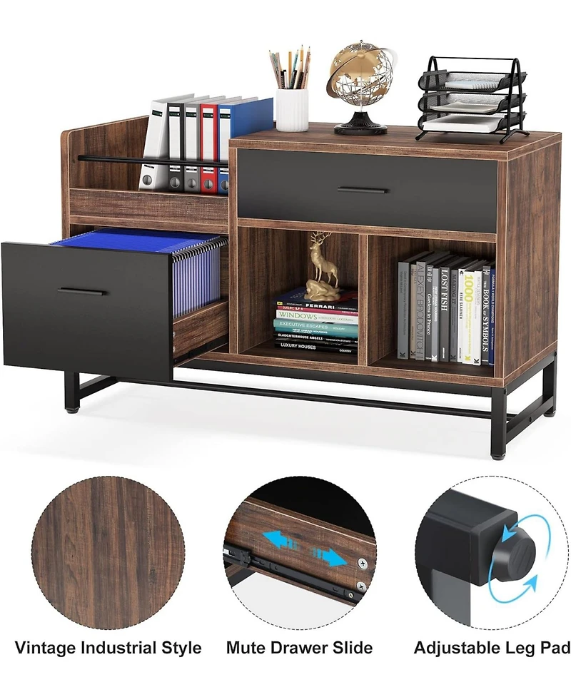Tribesigns Rustic Brown 39 inch File Cabinet with 2 Drawers, Lateral Filing Cabinets, Printer Stand with Open Storage Shelves and Letter Size/A4 Size