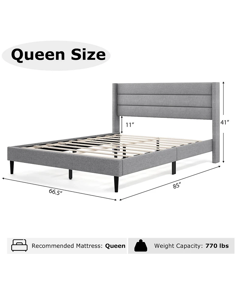 Costway Queen Bed Frame with Wingback Headboard Linen Upholstered Platform