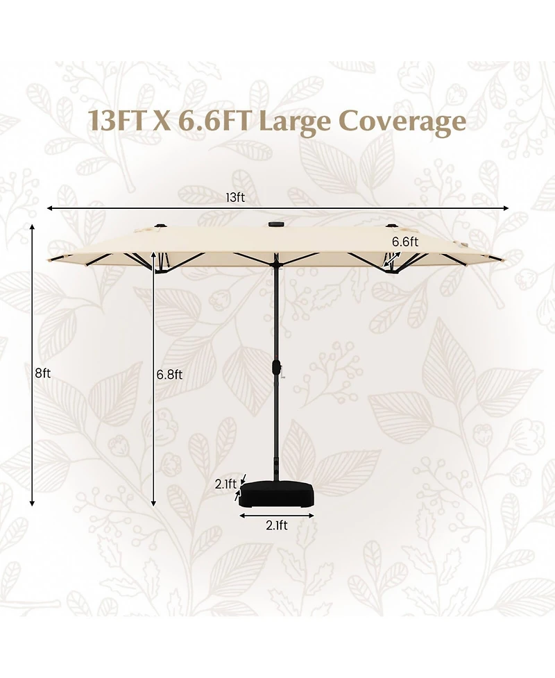 13FT Double-sided Patio Umbrella with Solar Lights Crank Handle Base