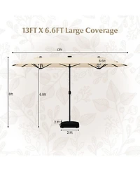 13FT Double-sided Patio Umbrella with Solar Lights Crank Handle Base