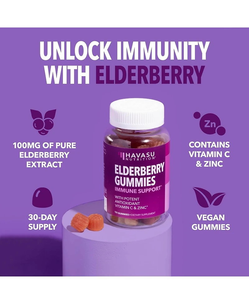 Elderberry Gummies for Adults, Immune System Supplement, Elderberry Flavor, Havasu Nutrition, 120ct