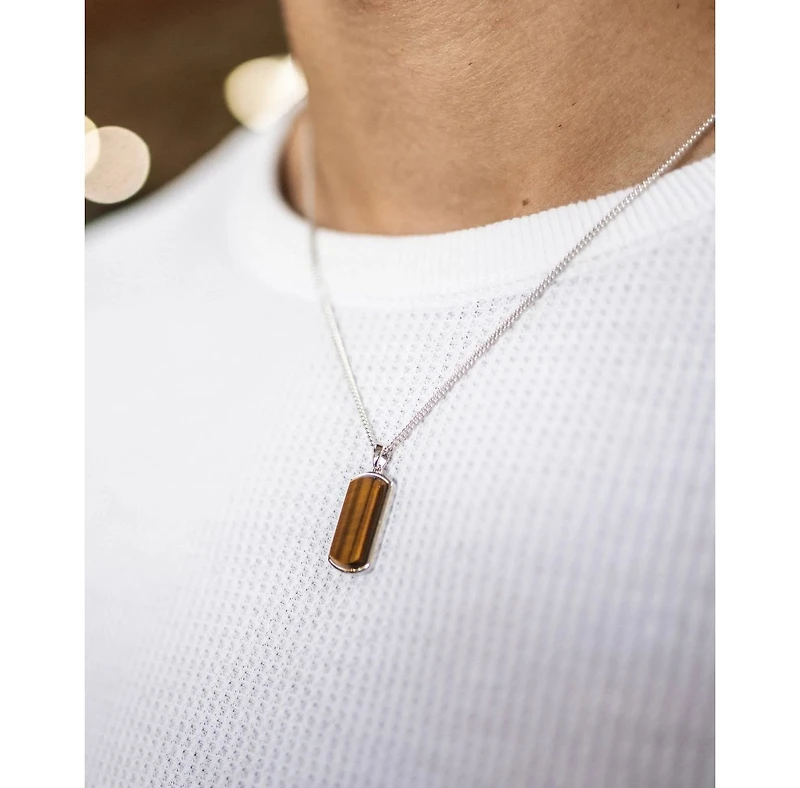 Vincero Men's Tag Pendant Necklace with Tigers Eye and Rhodium-Plated 925 Sterling Silver