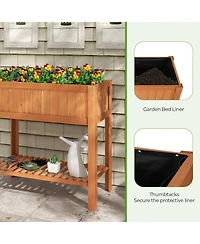 Skonyon Outdoor Raised Garden Bed Fir Wood Planter Box with Bottom Storage Shelf and Protective Liner-Brown