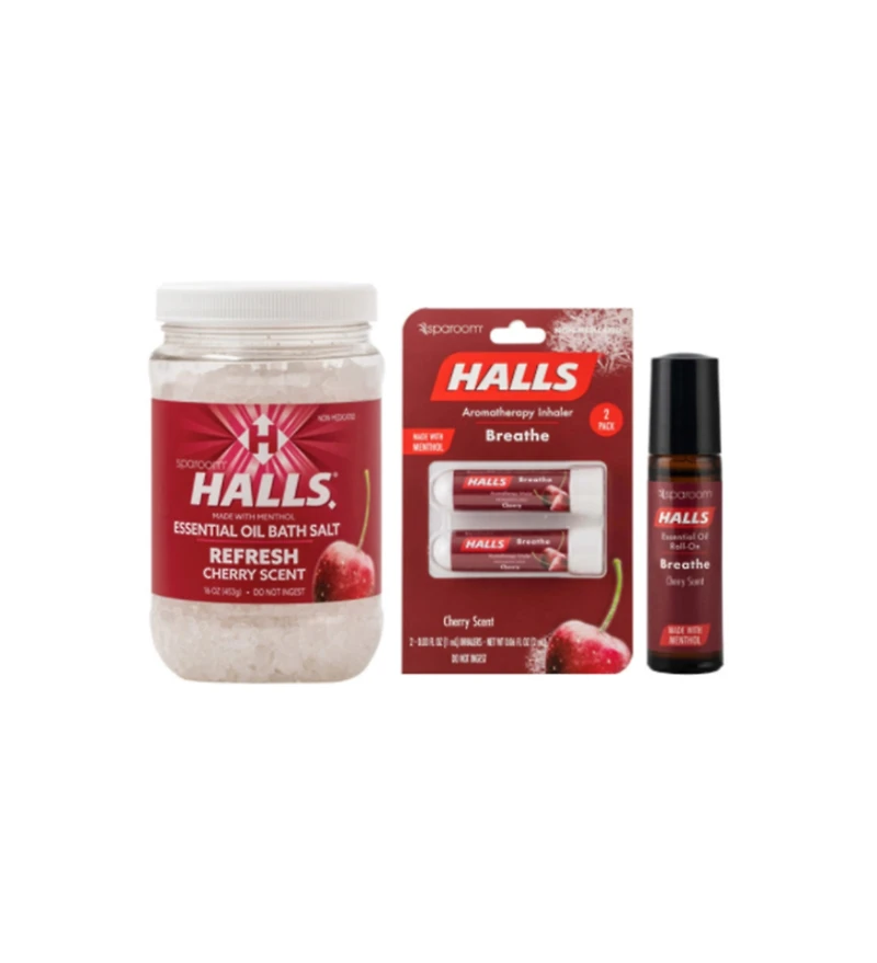 Sparoom Halls Cherry Wellness Bundle - Cherry Bath Salts, Inhalers, and Roll-On