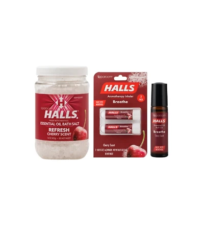 Sparoom Halls Cherry Wellness Bundle - Cherry Bath Salts, Inhalers, and Roll-On