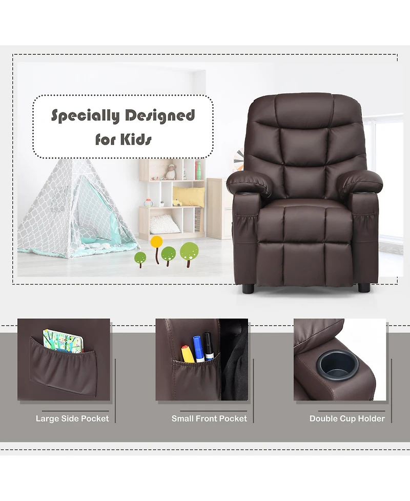 Kids Youth Recliner Chair Pu Leather w/Cup Holders & Side Pockets
