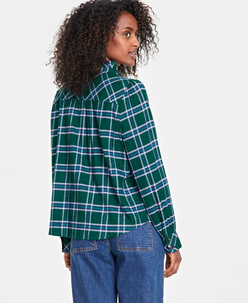 On 34th Women's Festive Plaid Ruffle-Neck Flannel Shirt