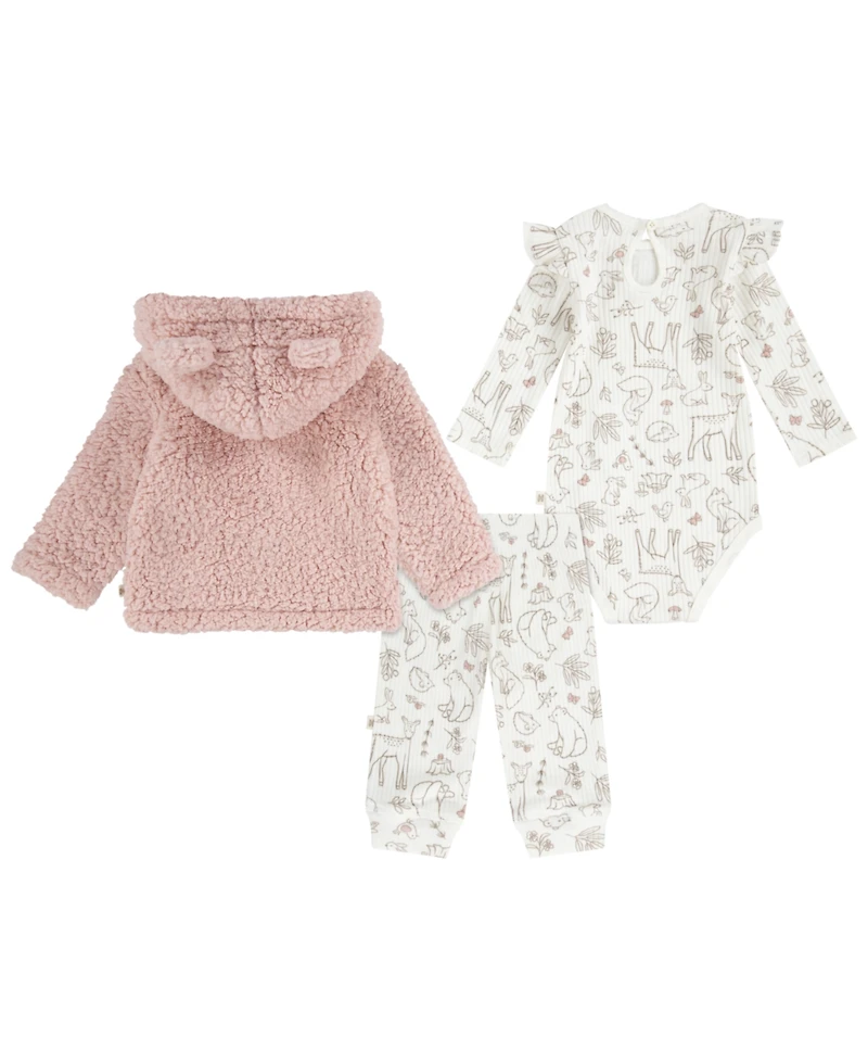 Huggies Baby Girls Sherpa Jacket, Bodysuit and Pants 3-Piece Set