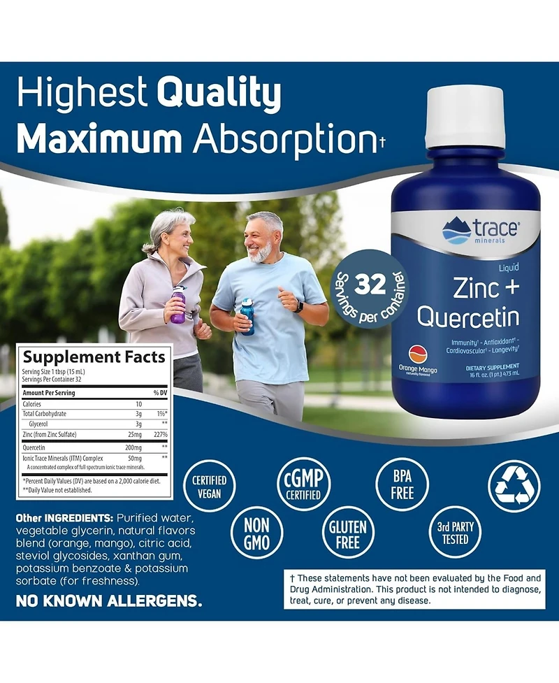Trace Minerals Liquid Zinc + Quercetin | 25 mg Zinc, 200 mg Quercetin | Supports Normal Immune System Function | Natural Orange Mango Flavor | 32 Serv