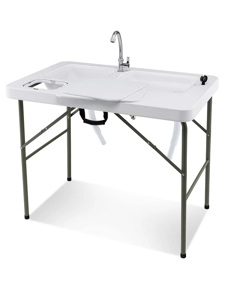 Folding Fish Cleaning Table with 2 Built-in Sinks & 360°Rotatable Faucet