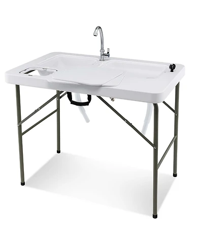 Folding Fish Cleaning Table with 2 Built-in Sinks & 360°Rotatable Faucet