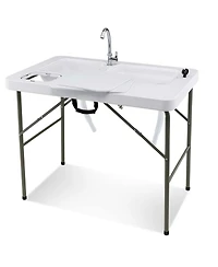 Folding Fish Cleaning Table with 2 Built-in Sinks & 360°Rotatable Faucet