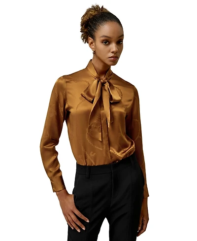 Jacquard-wave Silk Blouse with Bow for Women
