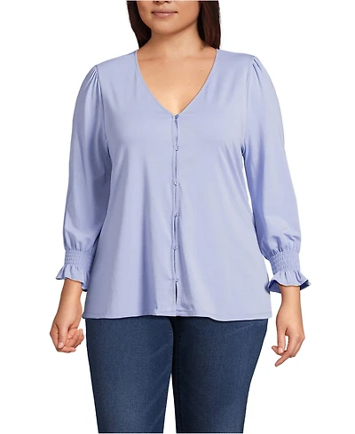 Lands' End Women's Plus 3/4 Sleeve Lightweight Jersey Button Front Top