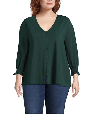 Lands' End Women's Plus 3/4 Sleeve Lightweight Jersey Button Front Top