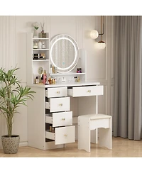 Famapy Light Mirror 5-Drawers White Makeup Vanity Set Dressing Desk