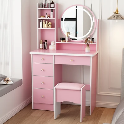 Famapy Light Mirror 5-Drawers White Makeup Vanity Set Dressing Desk