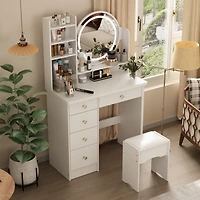 Famapy Light Mirror 5-Drawers White Makeup Vanity Set Dressing Desk