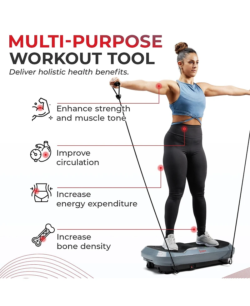 Sunny Health & Fitness 3D Vibration Plate w Resistance Bands, Oscillation Therapy Platform with 16 Speed Settings and 3 Vibration Modes