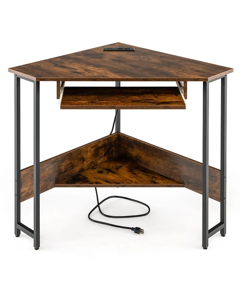 Sugift Triangle Corner Desk with Charging Station Keyboard Tray and Storage Shelf