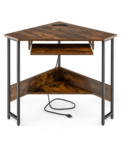 Sugift Triangle Corner Desk with Charging Station Keyboard Tray and Storage Shelf
