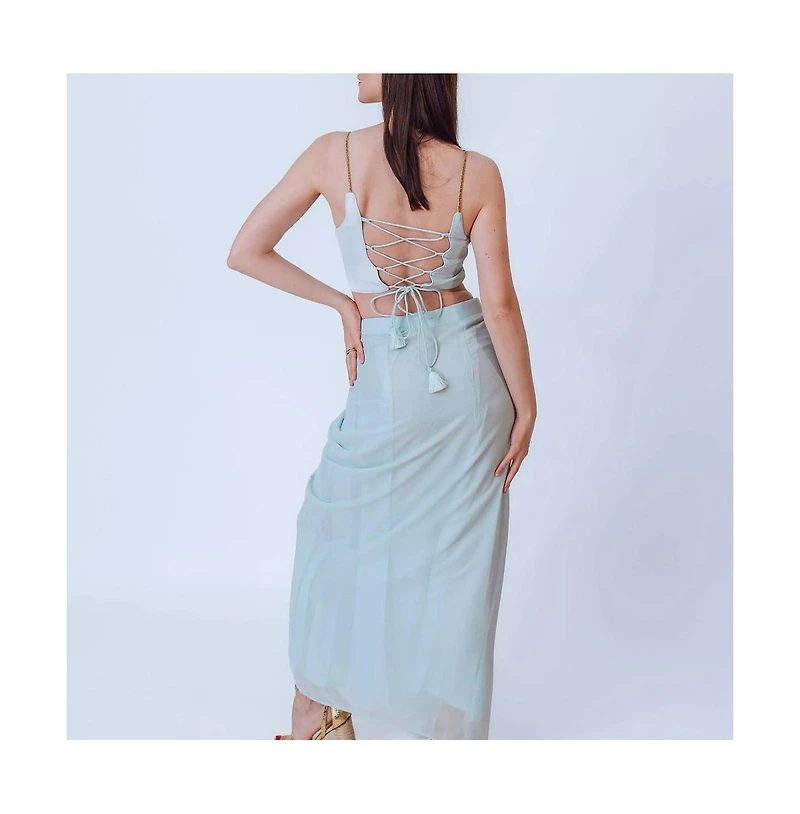 Raas Women's Sky Blue Shimmery Pleated Dhoti Skirt and Embellished Blouse Set