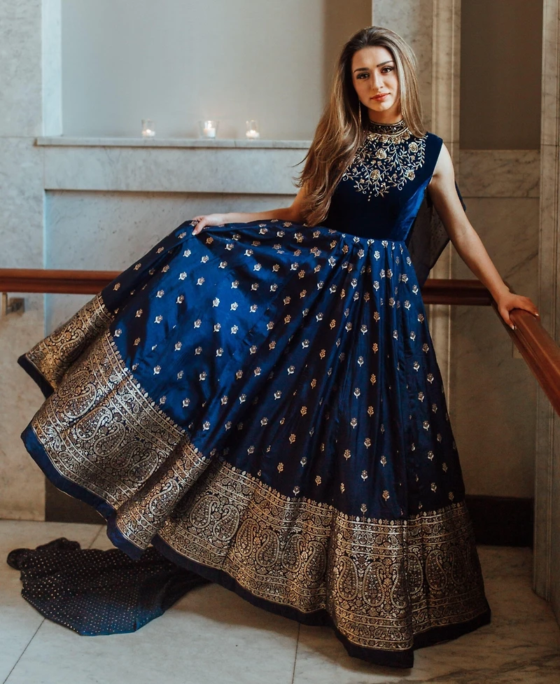 Raas Women's Blue Anarkali Gown with Sequins and Cutdana Handwork on the Torso and Banarasi Jacquard Bottom