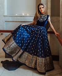 Raas Women's Blue Anarkali Gown with Sequins and Cutdana Handwork on the Torso and Banarasi Jacquard Bottom