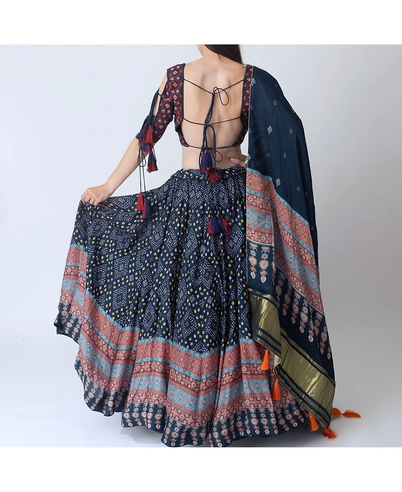 Raas Women's Bandhani Print Lace Up Detail Chaniya Choli with Embroidered Blouse and Dupatta