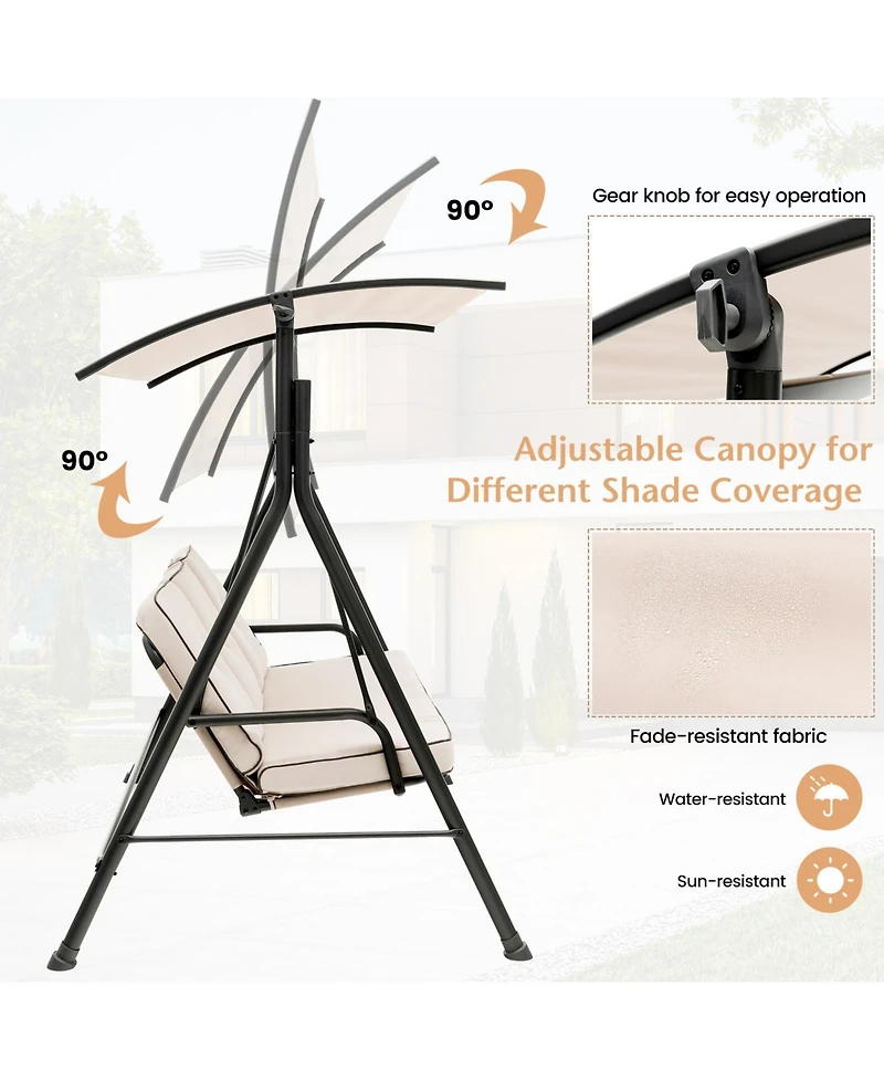Sugift 3-Person Outdoor Patio Porch Swing with Adjustable Canopy and 900 Lbs Weight Capacity