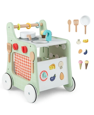Costway 6-in-1 Baby Push Walker Wooden Strollers Learning Activity Center Toy with Kitchen