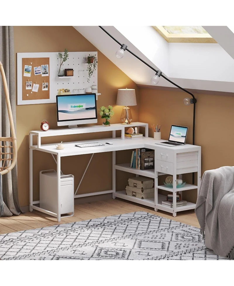 Tribesigns 55-inches Reversible L Shaped Desk with Drawer, Modern White Corner Home Office Table, Wooden and Metal Pc