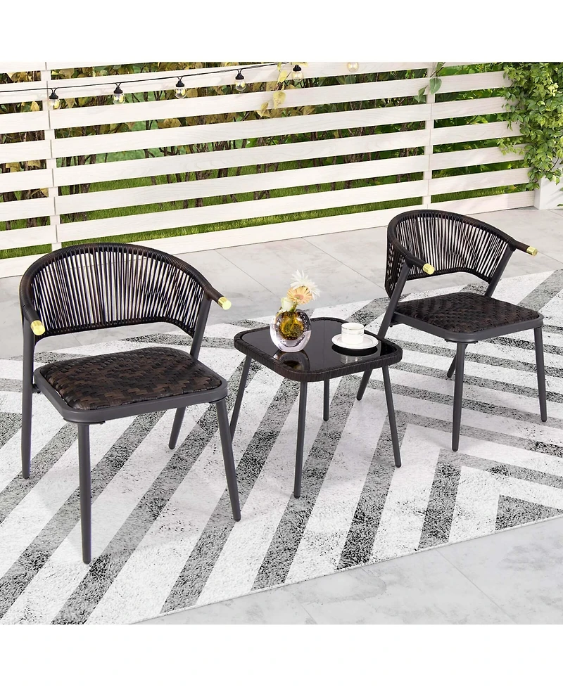 3 Pcs Patio Rattan Furniture Set with Tempered Glass Tabletop Wicker Seat
