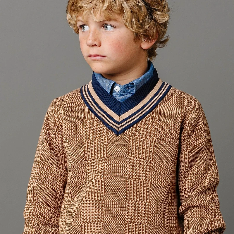 Hope & Henry Boys Organic Long Sleeve V-Neck Intarsia Cricket Sweater