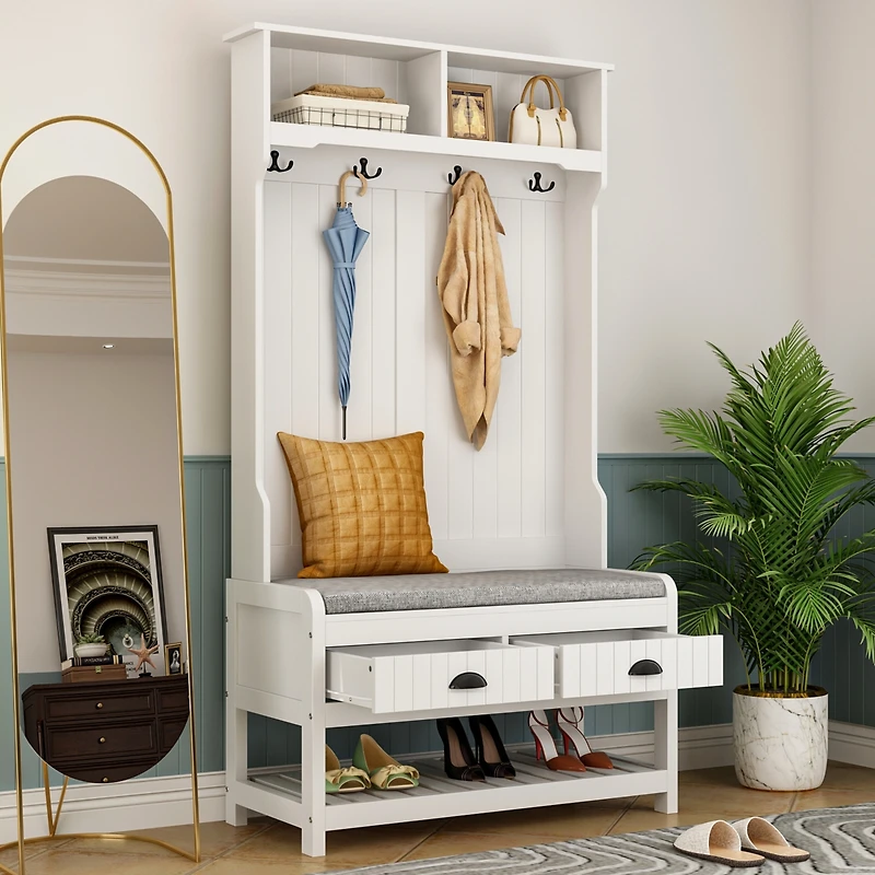 Famapy 68.5 in. White Wood 3-in-1 Hall Tree Coat Rack Storage Bench with 4-Metal Double Hooks and 2-Drawers, Shelves