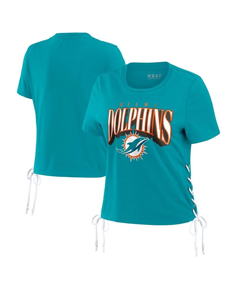 Wear by Erin Andrews Women's Aqua Miami Dolphins Lace Up Side Modest Cropped T-Shirt
