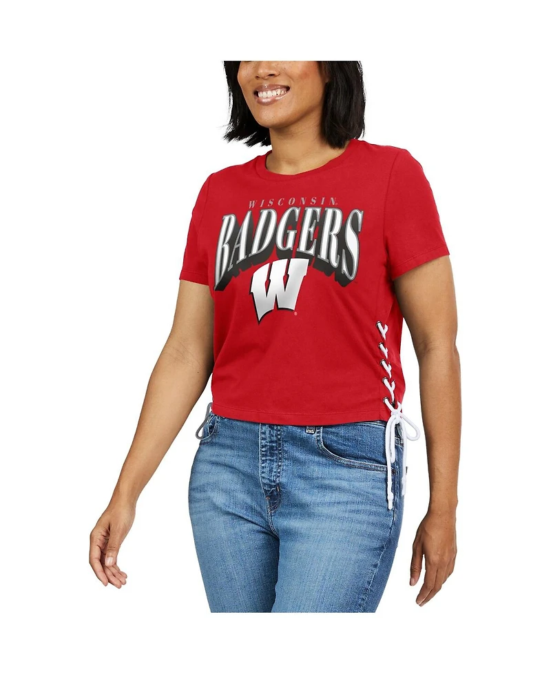 Wear by Erin Andrews Women's Red Wisconsin Badgers Side Lace-Up Modest Crop T-Shirt