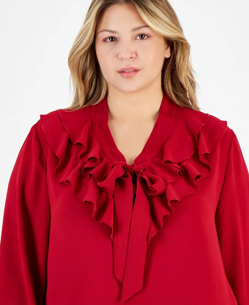 Kasper Plus Size Tie-Front Ruffle-Trim Blouse
