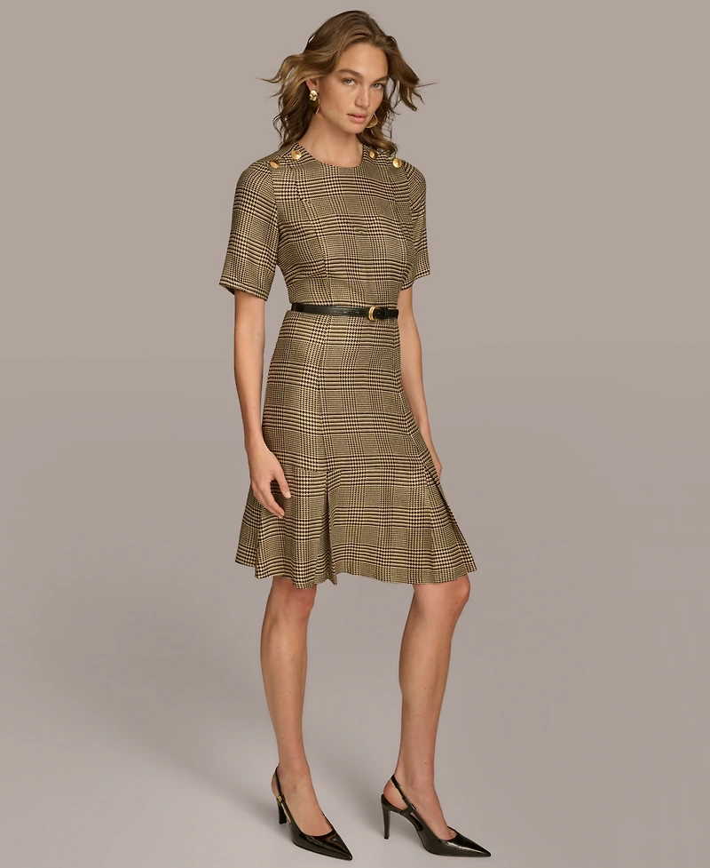 Donna Karan Women's Houndstooth Belted Short-Sleeve Dress