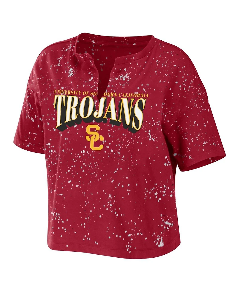 Wear by Erin Andrews Women's Cardinal Usc Trojans Bleach Wash Splatter Cropped Notch Neck T-Shirt