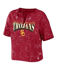 Wear by Erin Andrews Women's Cardinal Usc Trojans Bleach Wash Splatter Cropped Notch Neck T-Shirt