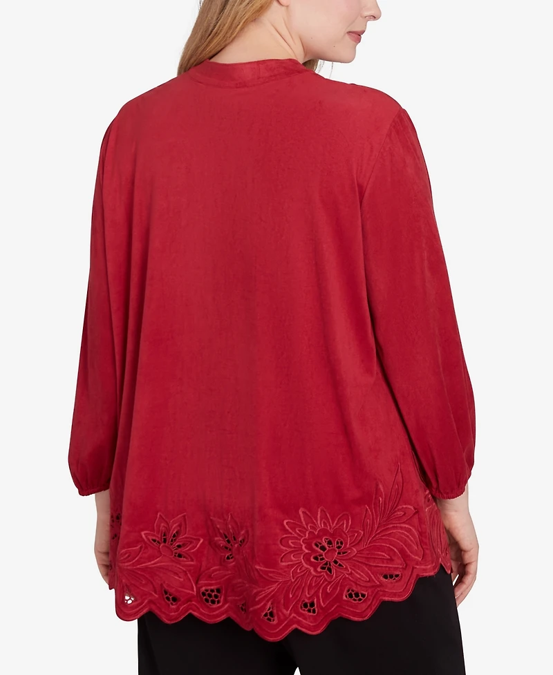 Ruby Rd. Plus Size Button Front Stretch Faux Suede Top with Cut Out Hem Detail