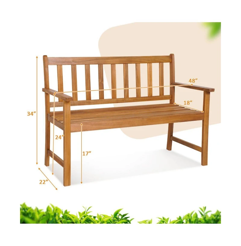 Sugift 2-Person Patio Acacia Wood Bench with Backrest and Armrests