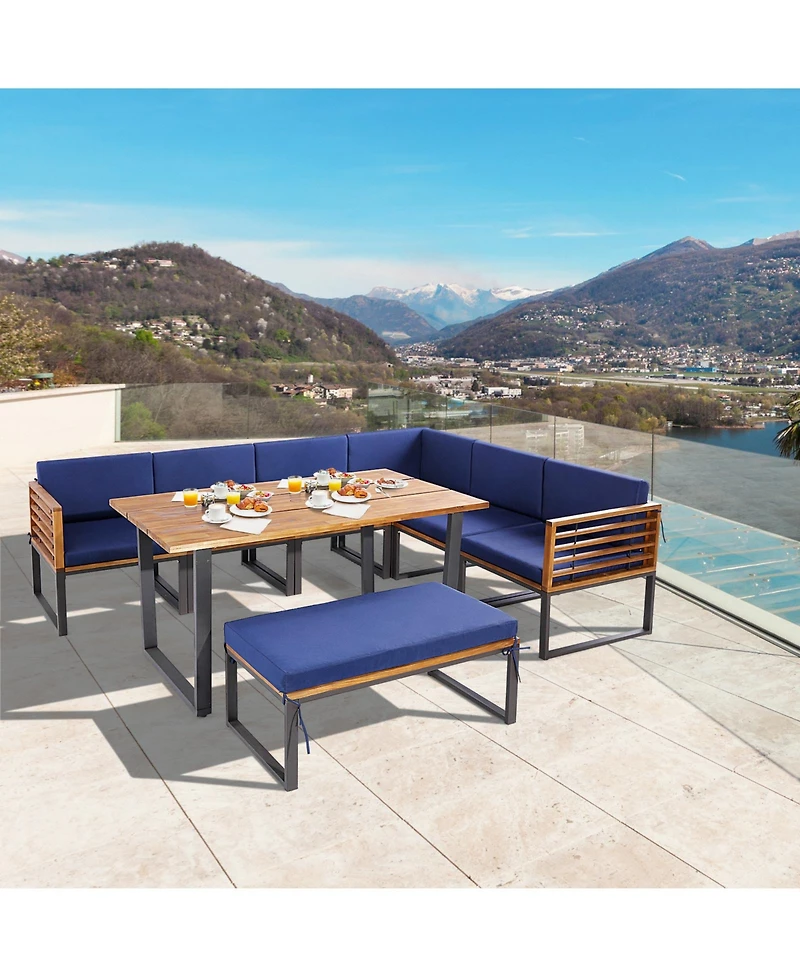 Sugift 8 Pieces Patio Acacia Wood Dining Table Set with Ottoman Cushions